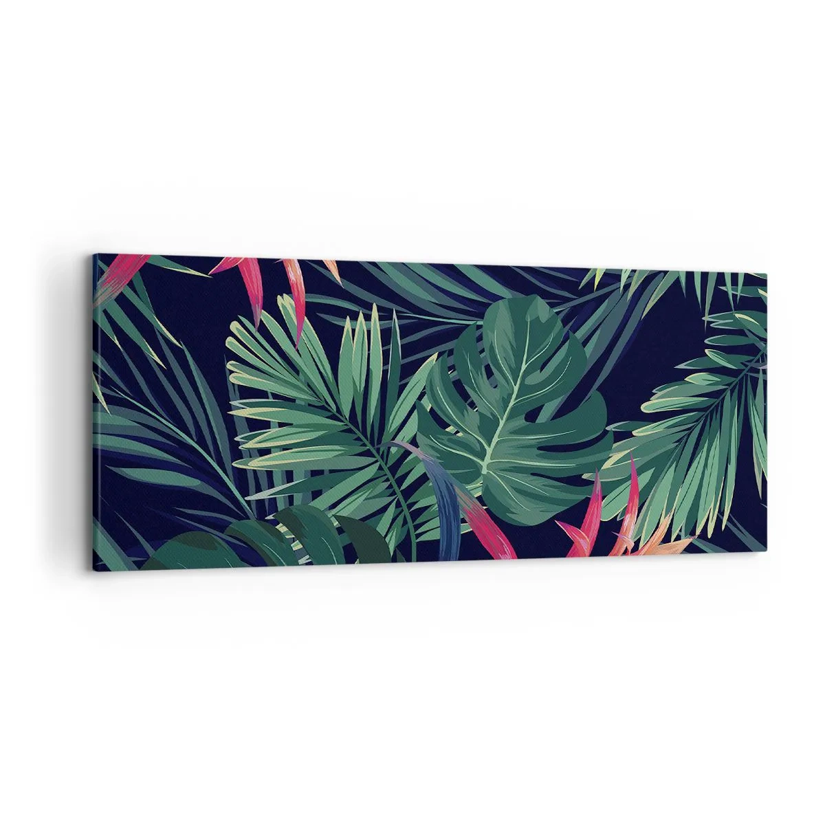 Impression sur toile - Image sur toile - Feuilles et fleurs tropicales sur fond sombre - 120x50cm - immergé dans la nature - Décoration murale moderne pour le salon et la chambre ARTTOR