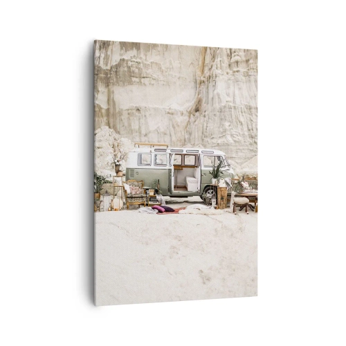 Impression sur toile - Image sur toile - Un camping-car rétro au design bohème sur fond de paysage rocheux. - 70x100cm - Il est temps de commencer le voyage - Décoration murale moderne pour le salon et la chambre ARTTOR