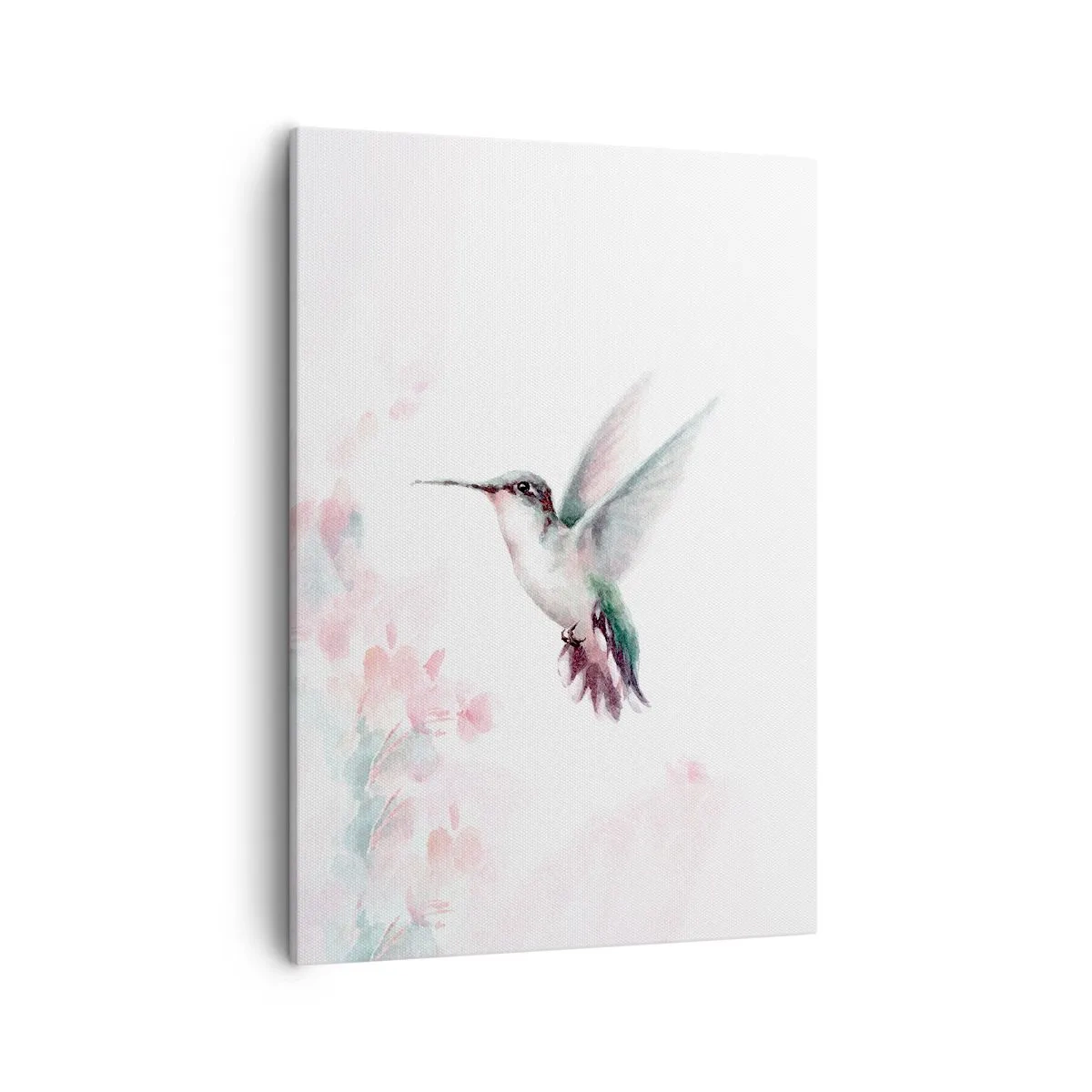 Impression sur toile - Image sur toile - Un colibri aux couleurs pastel délicates sur un fond de fleurs - 50x70cm - Immortalisé dans un battement - Décoration murale moderne pour le salon et la chambre ARTTOR