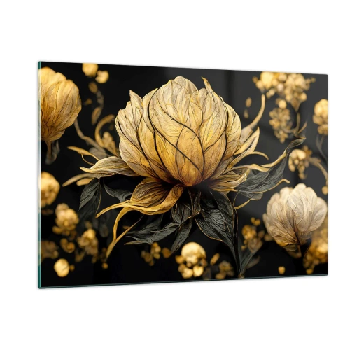 Impression sur verre - Image sur verre - Fleurs dorées sur fond noir dans une composition élégante - 120x80cm - Fragilité subtile - Décoration murale moderne pour le salon et la chambre ARTTOR