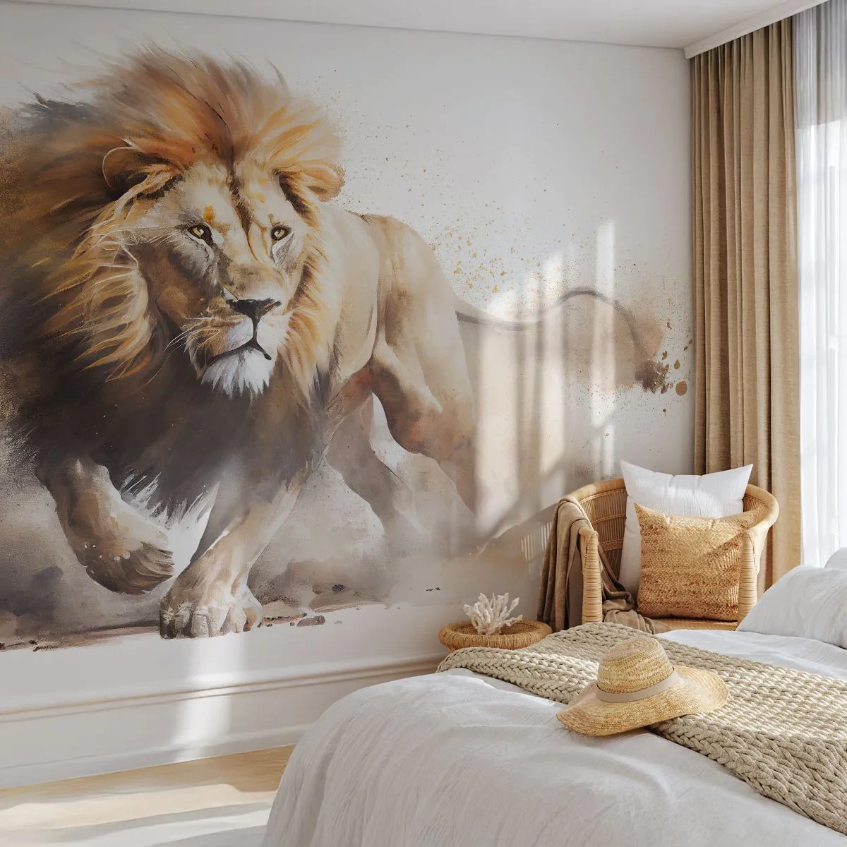 Papier Peint Photo Premium Sand - Un lion majestueux en mouvement sous la forme artistique de l'aquarelle - 100x70cm - Le roi bougea - Décoration murale moderne pour le salon et la chambre ARTTOR