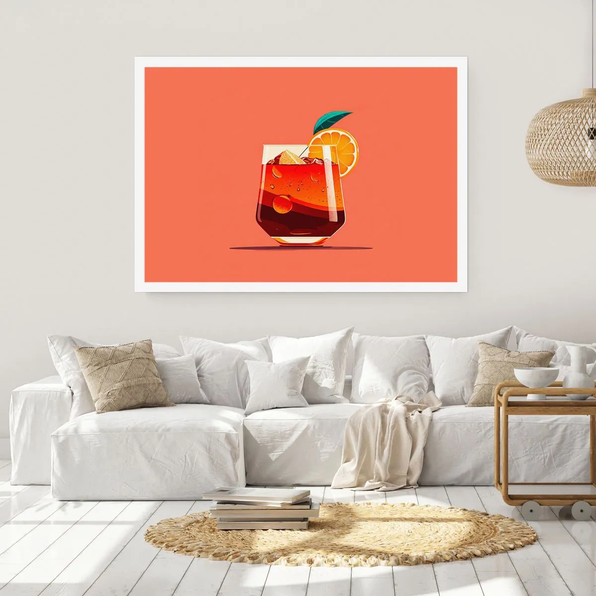 Affiche - Poster - Un verre de boisson et une tranche d'orange sur un fond orange - 100x70cm - Rafraîchissement d'été - Décoration murale moderne pour le salon et la chambre ARTTOR