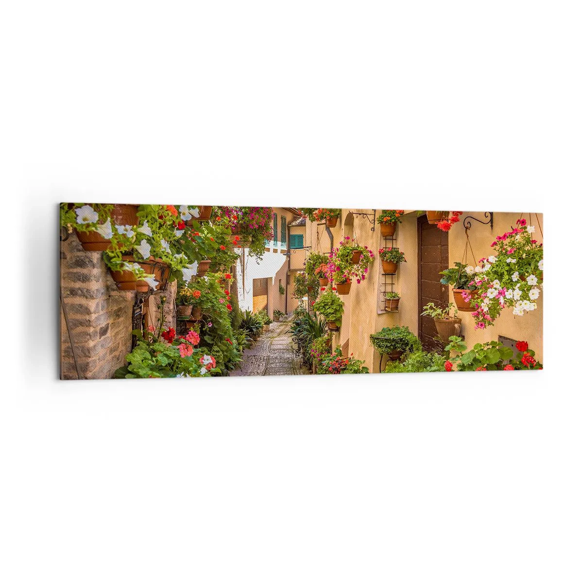 Impression sur toile - Image sur toile - Une charmante rue pleine de fleurs et de pots de fleurs - 160x50cm - Ruelle italienne - Décoration murale moderne pour le salon et la chambre ARTTOR