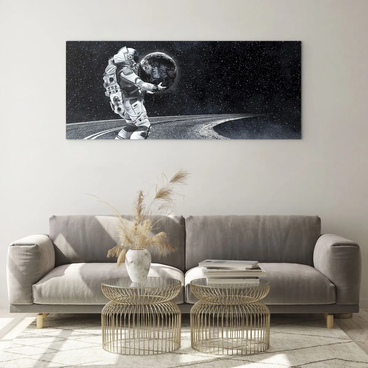 Impression sur verre - Image sur verre - Astronaute avec la Terre contre le ciel étoilé - 160x50cm - Sur la Voie Lactée - Décoration murale moderne pour le salon et la chambre ARTTOR