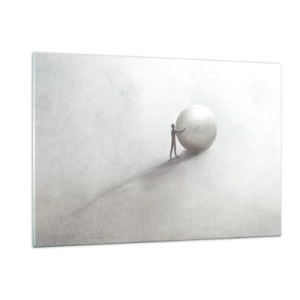 Impression sur verre - Image sur verre - Une silhouette minimaliste d'un homme avec une grosse balle sur un fond clair. - 120x80cm - Jeu de la vie - Décoration murale moderne pour le salon et la chambre ARTTOR