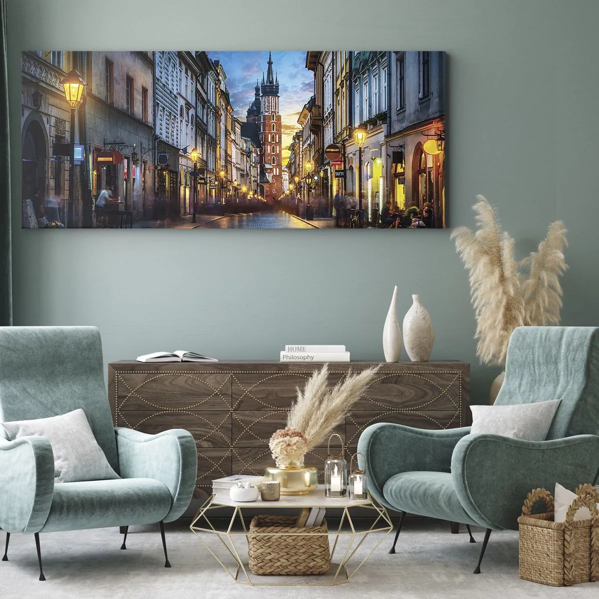 Impression sur toile - Image sur toile - Rue du soir avec vue sur la cathédrale de Cracovie - 160x50cm - La magie de Cracovie - Décoration murale moderne pour le salon et la chambre ARTTOR