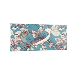 Impression sur verre - Image sur verre - Un oiseau sur une branche dans un style floral délicat - 120x50cm - Dans le bois blanc du rouge et de l'argent - Décoration murale moderne pour le salon et la chambre ARTTOR
