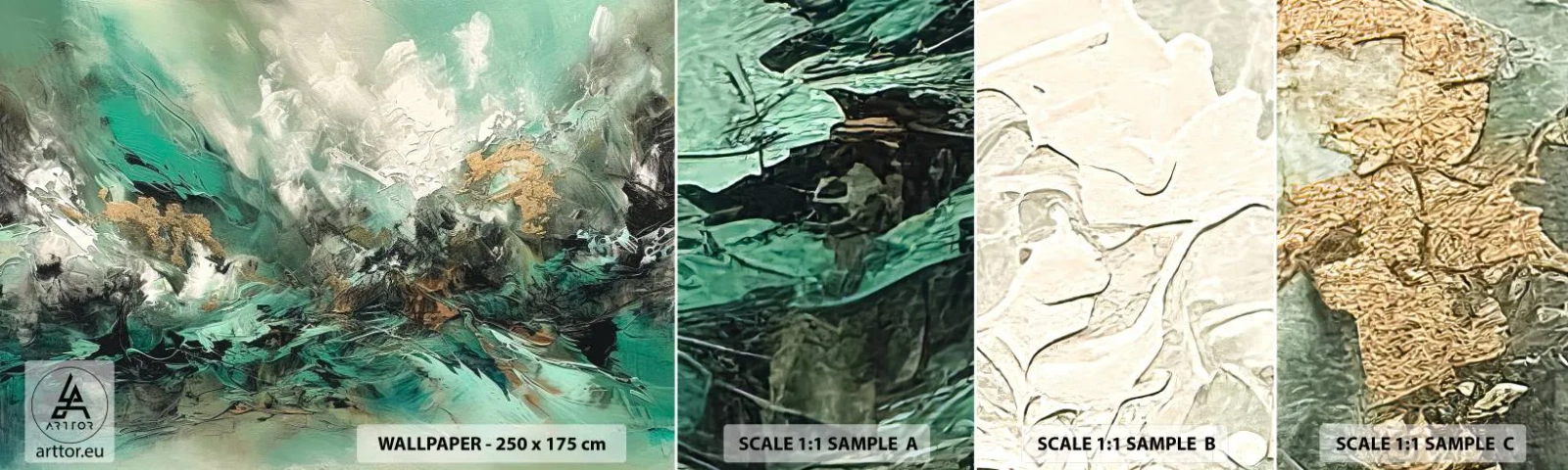 Échantillon de Papier Peint Autocollant Deluxe Sticker - Ressac émeraude et noir - Abstraction, Morceau, Peinture - 100x30 cm