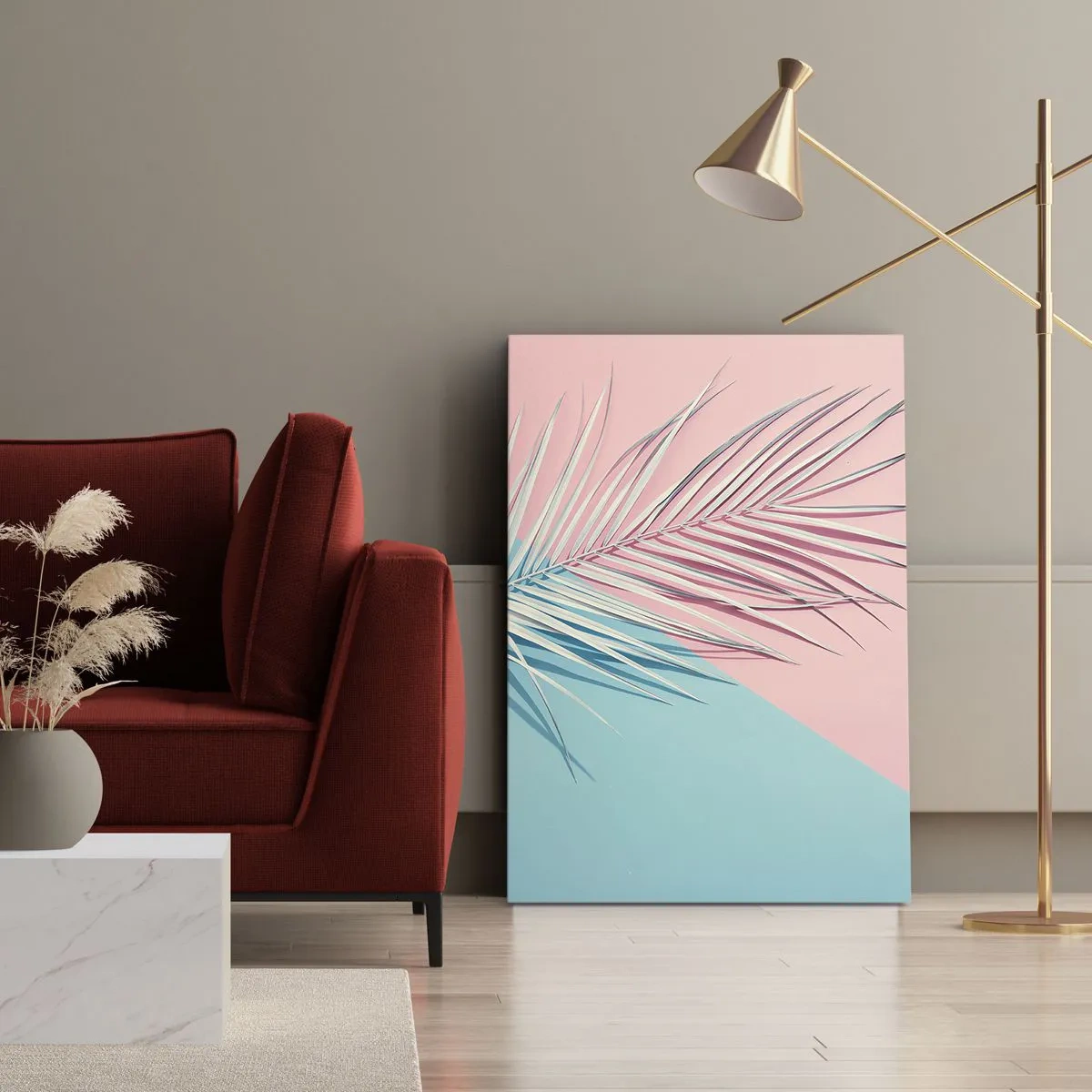 Impression sur toile - Image sur toile - Feuille tropicale sur un fond de tons pastel de rose et de bleu - 70x100cm - Impression tropicale - Décoration murale moderne pour le salon et la chambre ARTTOR