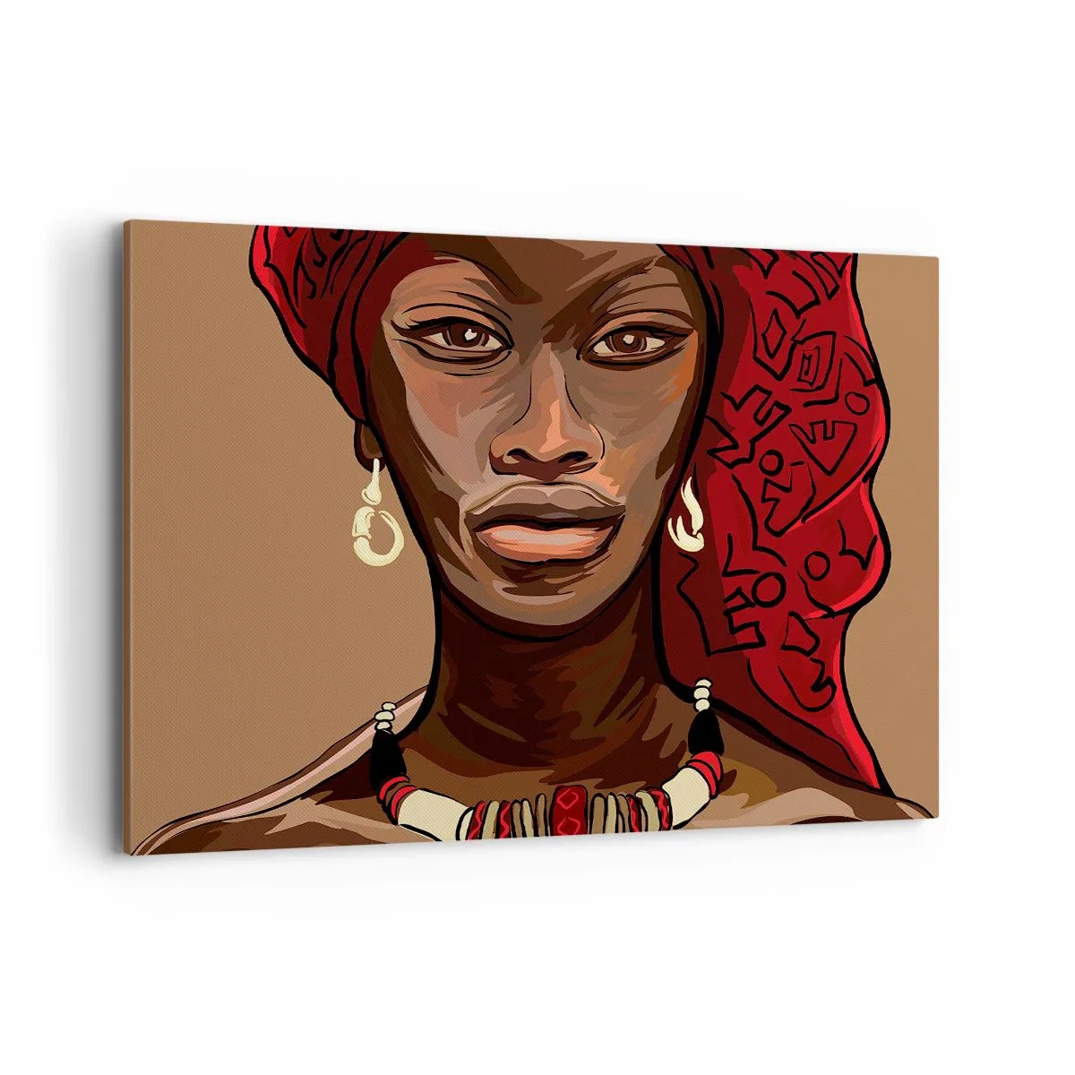 Impression sur toile - Image sur toile - Portrait d'une femme au turban rouge sur fond beige - 120x80cm - Vénus d'ébène - Décoration murale moderne pour le salon et la chambre ARTTOR
