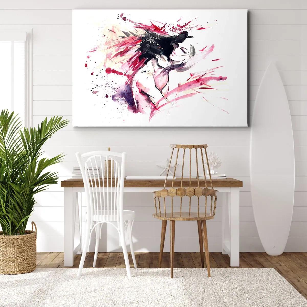 Impression sur toile - Image sur toile - Portrait abstrait d'une femme aux accents rouges dynamiques - 70x50cm - Un accomplissement amoureux - Décoration murale moderne pour le salon et la chambre ARTTOR