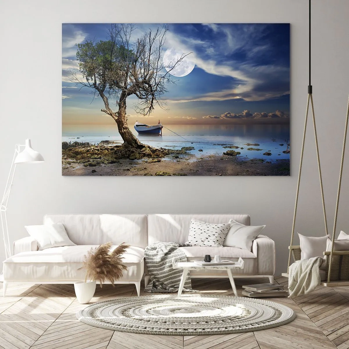 Impression sur verre - Image sur verre - Un bateau solitaire près d'un arbre sur fond de lune - 70x50cm - Est-ce la fin ou le début ? - Décoration murale moderne pour le salon et la chambre ARTTOR