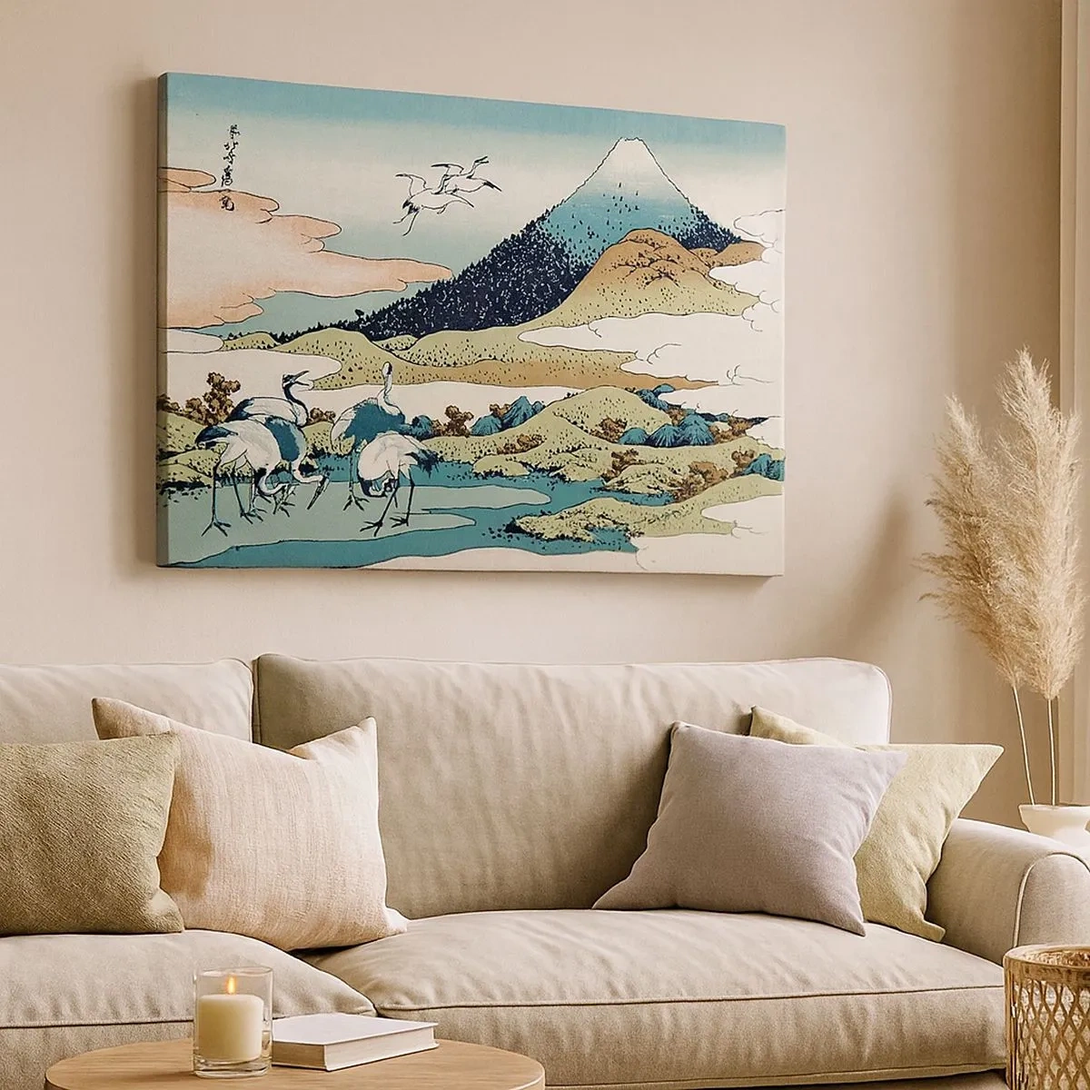Impression sur toile - Image sur toile - Graphismes japonais traditionnels avec des montagnes et des grues - 70x50cm - Avec une âme japonnaise - Décoration murale moderne pour le salon et la chambre ARTTOR