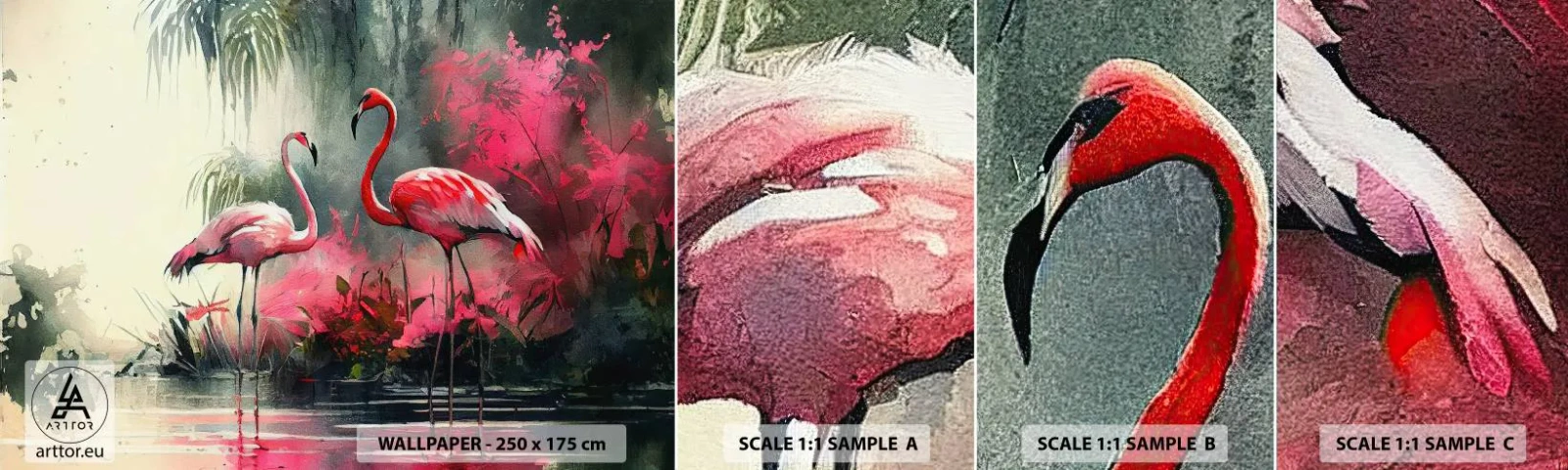 Échantillon De Papier Peint Standard Eco - Une leçon de grâce naturelle - Flamants roses, Morceau, Paysage - 100x30 cm