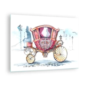 Impression sur verre - Image sur verre - Une élégante calèche de style aquarelle sur fond de rue - 70x50cm - À un mariage ou à un bal ? - Décoration murale moderne pour le salon et la chambre ARTTOR