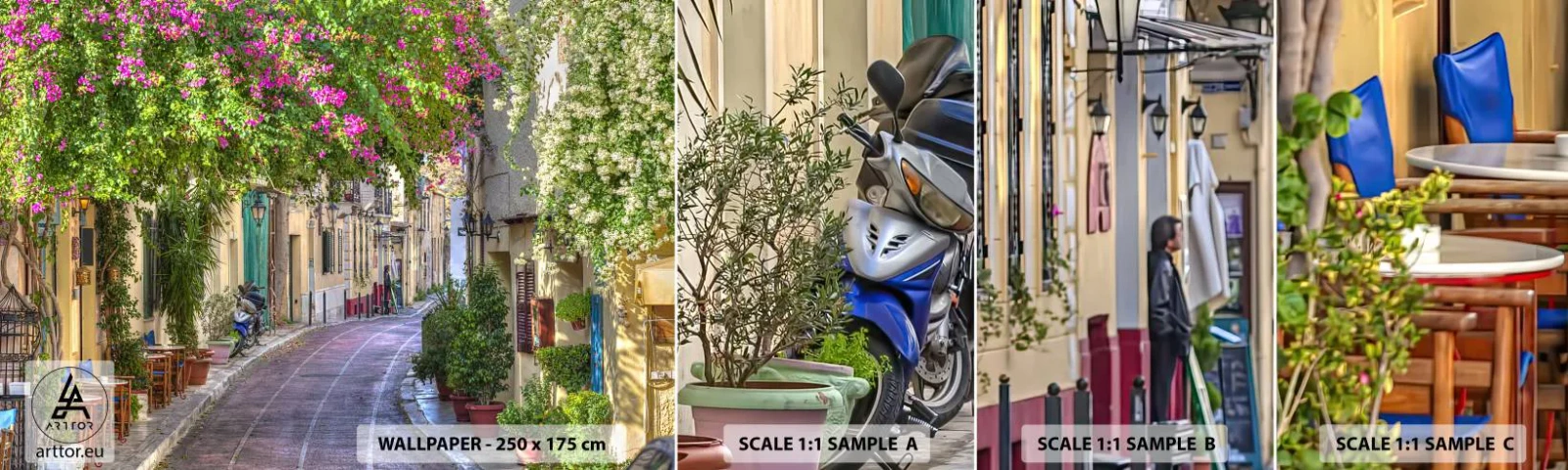 Échantillon de Papier Peint Autocollant Deluxe Sticker - Allée fleurie - Architecture, Grèce, Ville - 100x30 cm