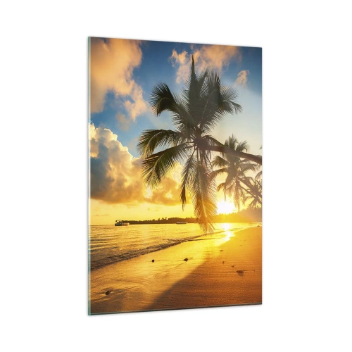 Impression sur verre - Image sur verre - Plage tropicale avec palmiers au coucher du soleil - 50x70cm - Rêve caribéen - Décoration murale moderne pour le salon et la chambre ARTTOR