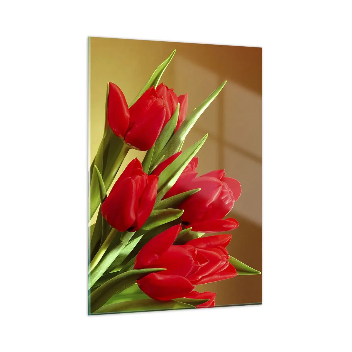 Impression sur verre - Image sur verre - Un bouquet de tulipes rouges sur fond doré - 50x70cm - Amas de joie printanière - Décoration murale moderne pour le salon et la chambre ARTTOR