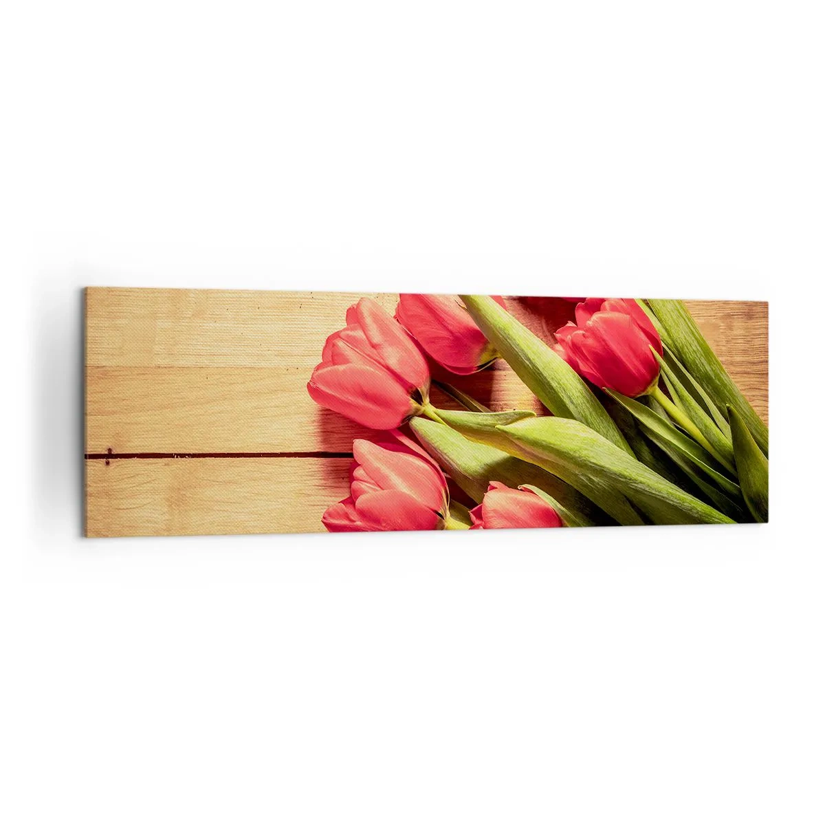 Impression sur toile - Image sur toile - Un bouquet de tulipes roses sur un fond en bois - 160x50cm - Défi du printemps - Décoration murale moderne pour le salon et la chambre ARTTOR