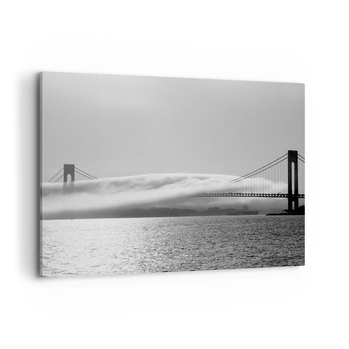 Impression sur toile - Image sur toile - Un pont sur l'eau enveloppé de brouillard dans une photo en noir et blanc - 100x70cm - Naviguez à travers les Portes des Étoiles - Décoration murale moderne pour le salon et la chambre ARTTOR