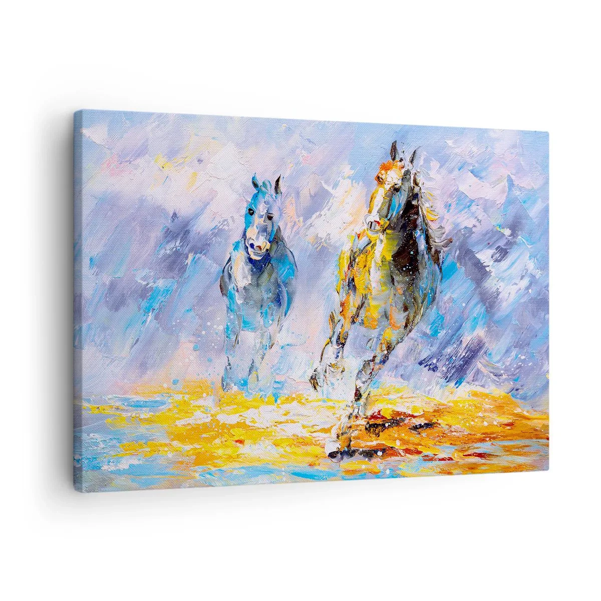Impression sur toile - Image sur toile - Deux chevaux en mouvement sur fond de paysage abstrait - 70x50cm - À travers l'éblouissement du galop - Décoration murale moderne pour le salon et la chambre ARTTOR