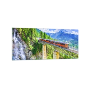 Impression sur verre - Image sur verre - Des montagnes russes sur un pont avec vue sur une cascade et des montagnes - 120x50cm - Train dans les Alpes - Décoration murale moderne pour le salon et la chambre ARTTOR