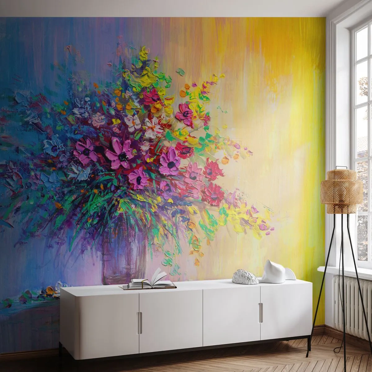 Papier Peint Photo Premium Sand - Un bouquet de fleurs colorées dans un vase en verre sur un fond abstrait. - 100x70cm - Cadeau d'été de la prairie - Décoration murale moderne pour le salon et la chambre ARTTOR