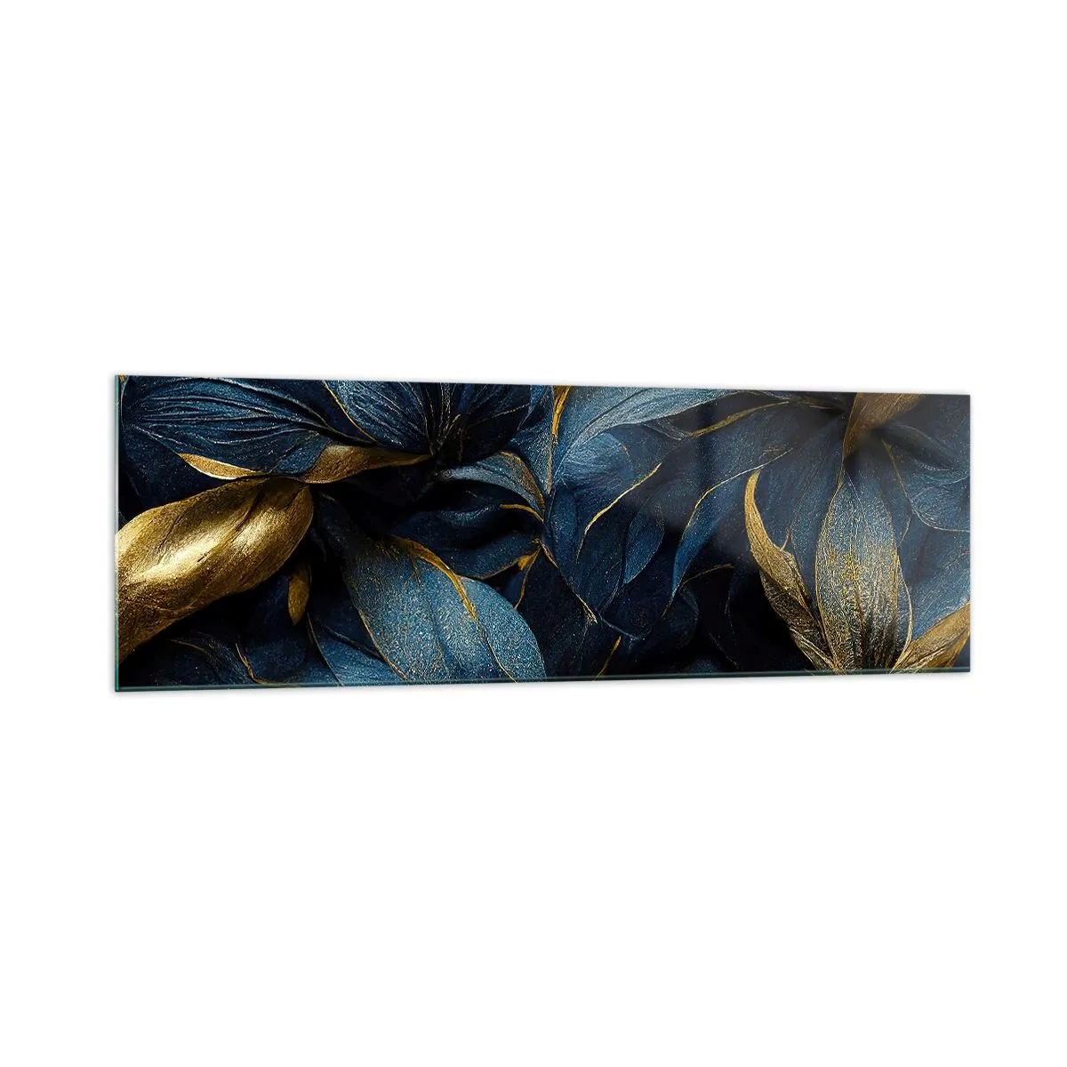 Impression sur verre - Image sur verre - Feuilles élégantes dans des tons dorés et bleu marine - 160x50cm - Des dessous dorés - Décoration murale moderne pour le salon et la chambre ARTTOR