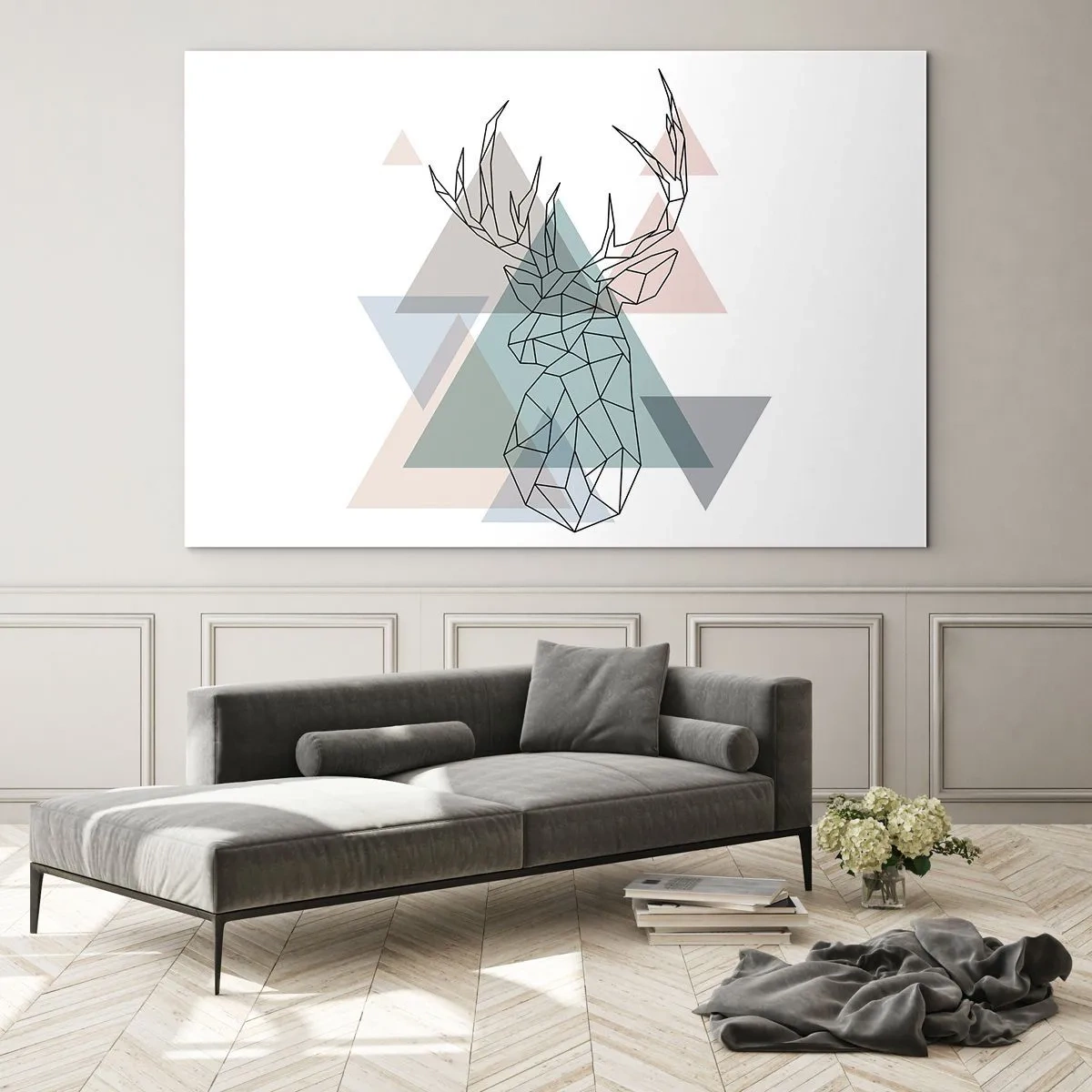 Impression sur verre - Image sur verre - Dessin géométrique d'un cerf sur fond de triangles pastel - 100x70cm - Dans une forêt géométrique - Décoration murale moderne pour le salon et la chambre ARTTOR