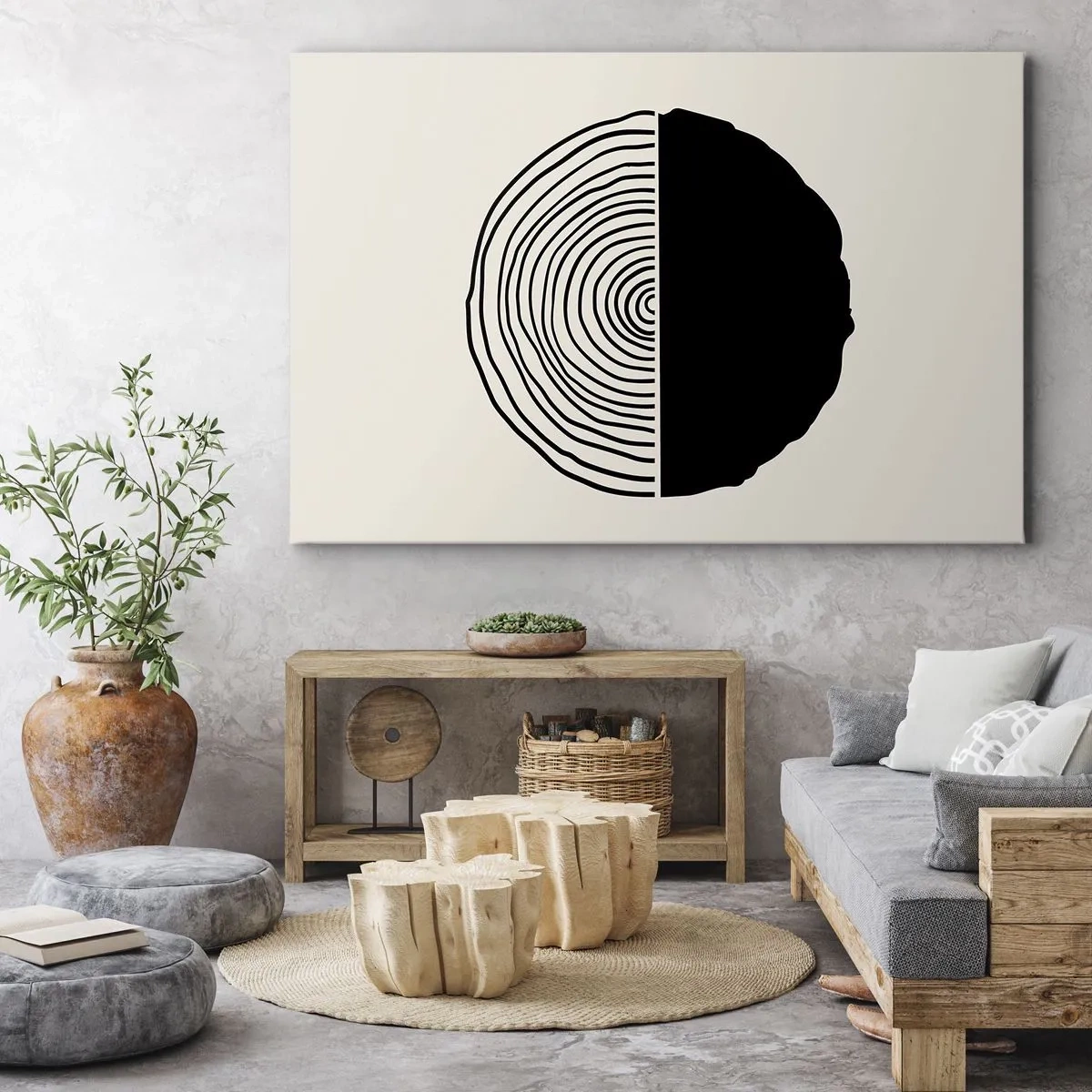 Impression sur toile - Image sur toile - Un motif abstrait en noir et blanc inspiré d'une coupe transversale de bois avec une division géométrique. - 70x50cm - Moitié-moitié - Décoration murale moderne pour le salon et la chambre ARTTOR