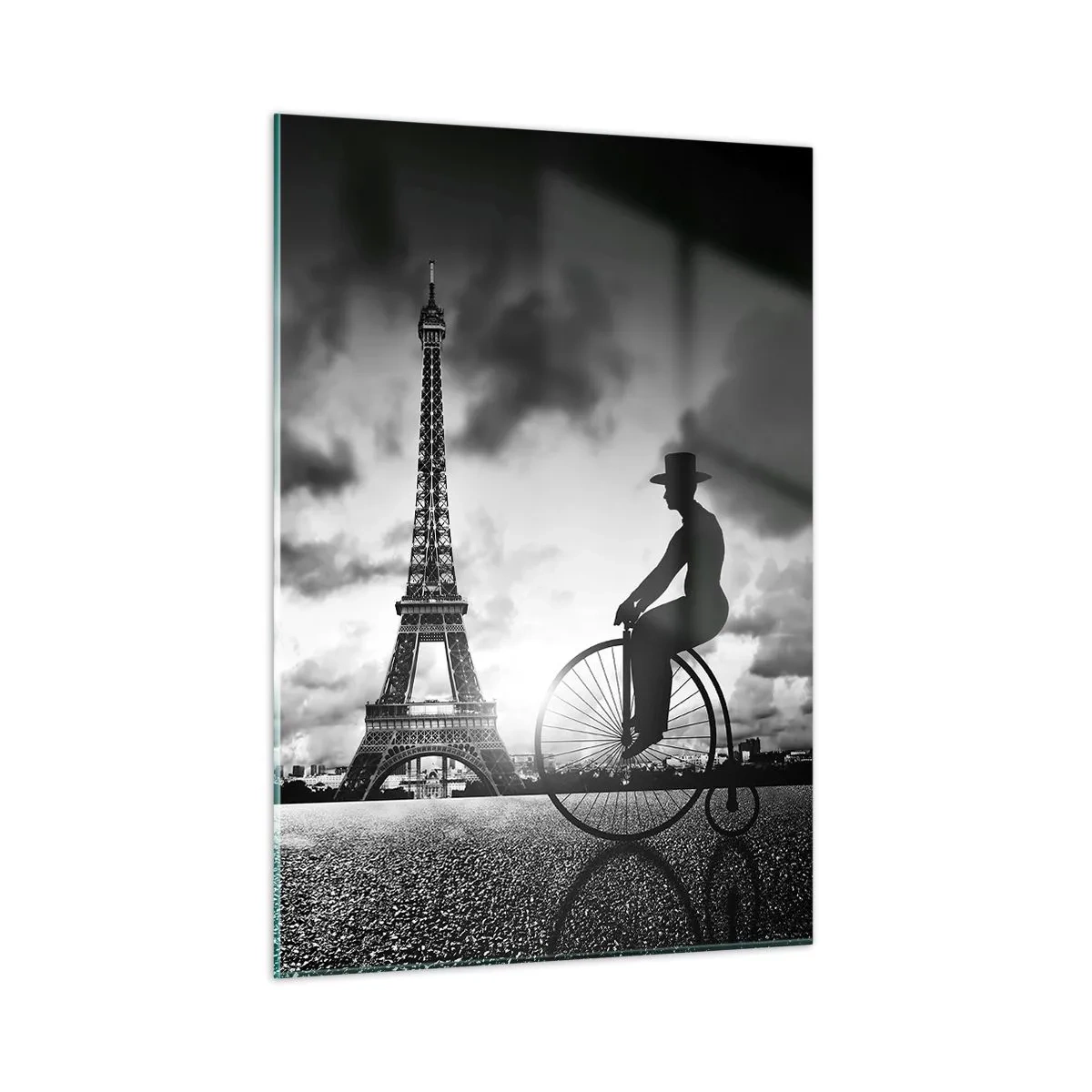 Impression sur verre - Image sur verre - Tour Eiffel avec vélo rétro en noir et blanc - 50x70cm - Nostalgie de la Belle Epoque - Décoration murale moderne pour le salon et la chambre ARTTOR