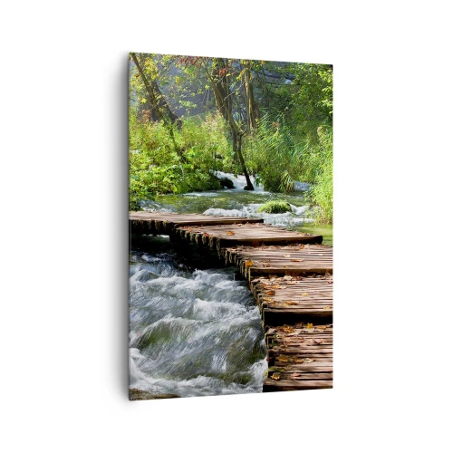 Impression sur toile - Image sur toile - Un pont en bois sur un ruisseau tumultueux entouré par la verdure de la forêt. - 80x120cm - Au-dessus de la cascade mousseuse - Décoration murale moderne pour le salon et la chambre ARTTOR