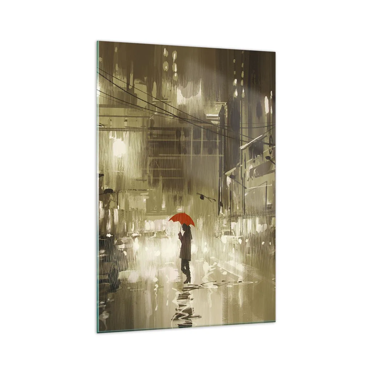Impression sur verre - Image sur verre - Une silhouette avec un parapluie rouge dans une ville pluvieuse - 70x100cm - Seule mais pas solitaire - Décoration murale moderne pour le salon et la chambre ARTTOR