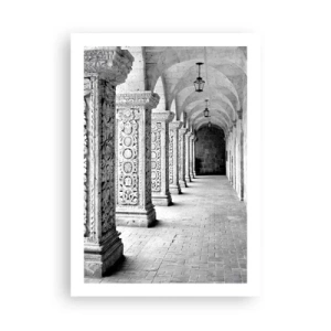 Affiche - Poster - Une photographie en noir et blanc d'un cloître historique avec des colonnes - 50x70cm - Où cela mène-t-il…? - Décoration murale moderne pour le salon et la chambre ARTTOR