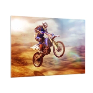 Impression sur verre - Image sur verre - Un motocycliste survolant un terrain sablonneux - 100x70cm - Vertiges à moto - Décoration murale moderne pour le salon et la chambre ARTTOR