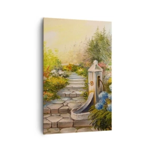 Impression sur toile - Image sur toile - Un jardin pittoresque avec une fontaine et des fleurs colorées - 80x120cm - En pleine floraison - Décoration murale moderne pour le salon et la chambre ARTTOR