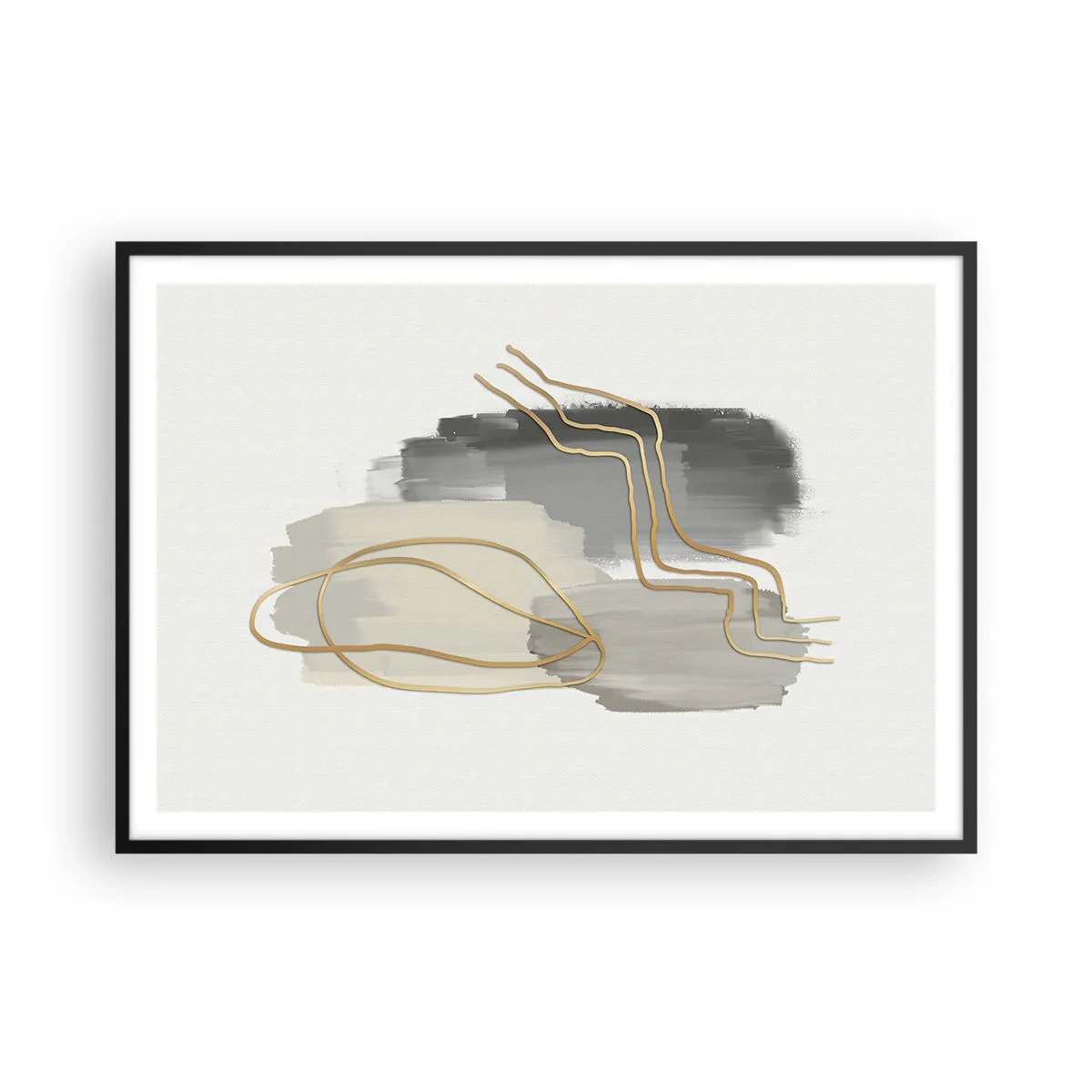 Affiche dans un cadre noir - Poster - Lignes dorées abstraites sur fond gris - 100x70cm - Durée et mouvement - Décoration murale moderne pour le salon et la chambre ARTTOR