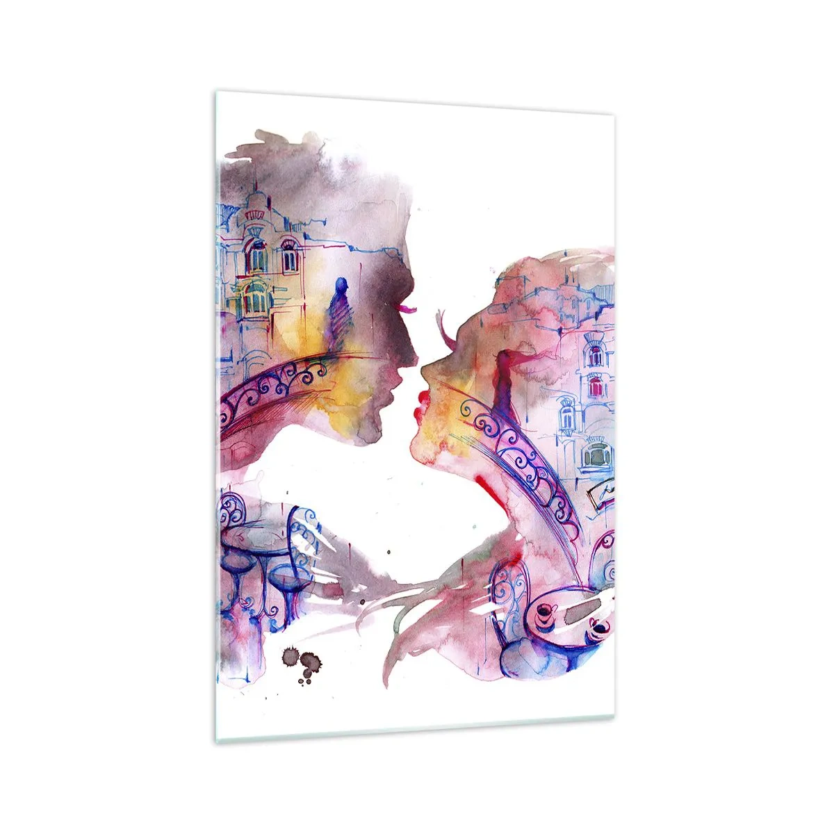 Impression sur verre - Image sur verre - Une aquarelle romantique représentant les silhouettes des amoureux - 70x100cm - Le pont secret des soupirs - Décoration murale moderne pour le salon et la chambre ARTTOR