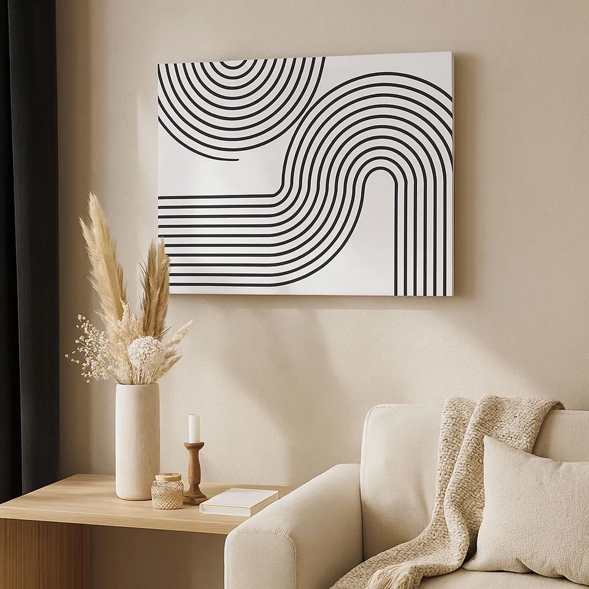 Impression sur toile - Image sur toile - Une peinture abstraite avec des lignes noires créant des motifs géométriques sur un fond blanc. - 70x50cm - En plein virage - Décoration murale moderne pour le salon et la chambre ARTTOR