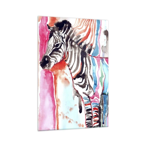 Impression sur verre - Image sur verre - Un zèbre coloré sur un fond de motifs abstraits à l'aquarelle - 70x100cm - Blague insouciante de la nature - Décoration murale moderne pour le salon et la chambre ARTTOR
