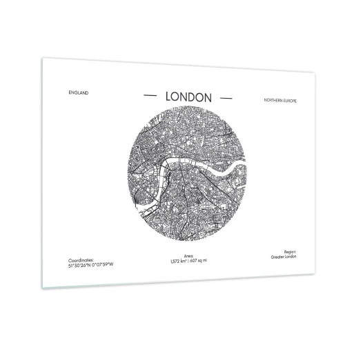 Impression sur verre - Image sur verre - Une carte détaillée de Londres dans un style graphique noir et blanc. - 70x50cm - Anatomie de Londres - Décoration murale moderne pour le salon et la chambre ARTTOR