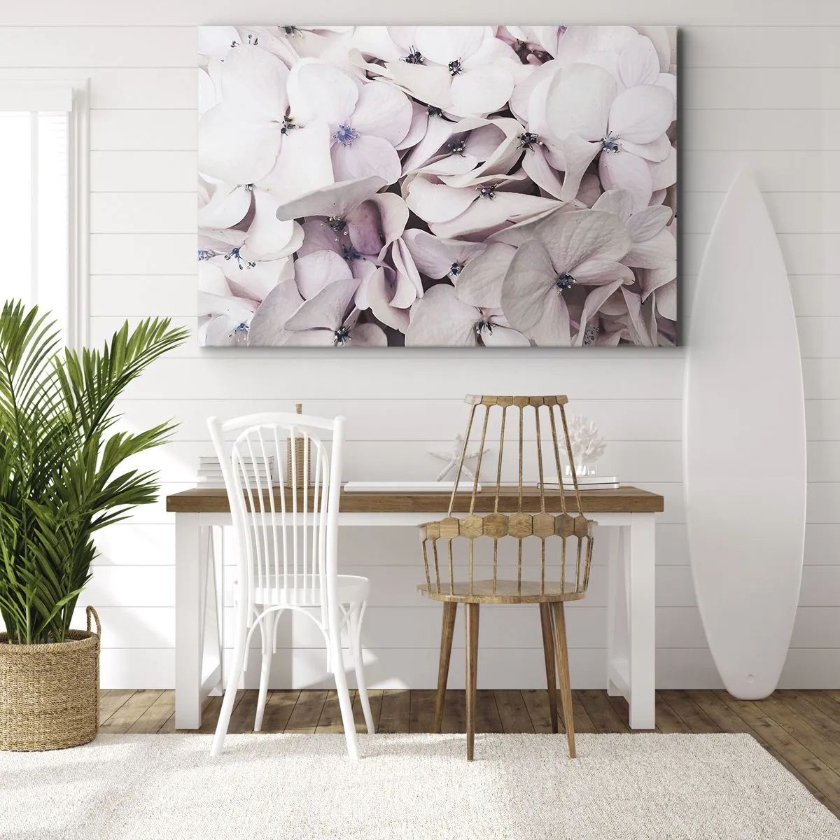Impression sur toile - Image sur toile - Hortensias blancs délicats aux tons pastel - 120x80cm - Dans un flot de fleurs - Décoration murale moderne pour le salon et la chambre ARTTOR