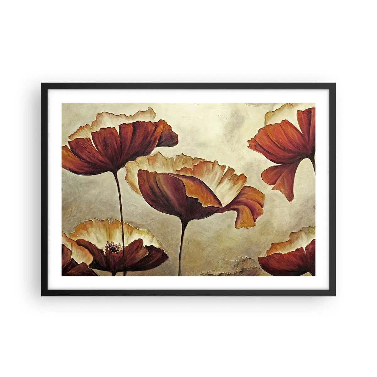 Affiche dans un cadre noir - Poster - Fleurs subtiles dans des tons de rouge et d'or sur un fond clair - 70x50cm - À la lisière des champs - Décoration murale moderne pour le salon et la chambre ARTTOR
