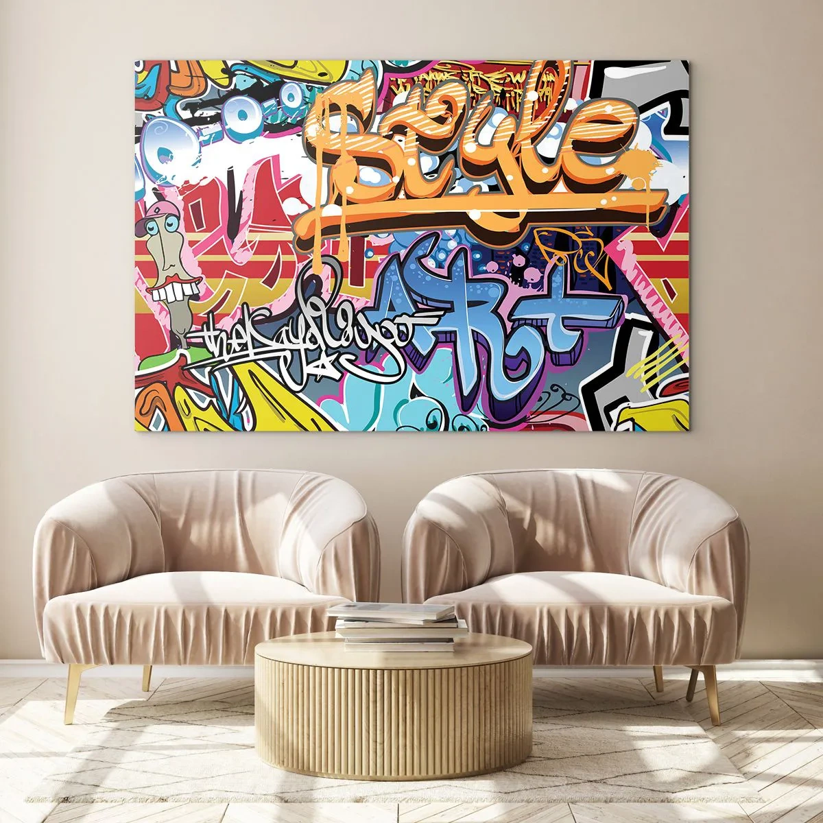 Impression sur verre - Image sur verre - Graffitis colorés avec inscriptions et dessins dynamiques - 100x70cm - Fresques, fresques, fresques… - Décoration murale moderne pour le salon et la chambre ARTTOR