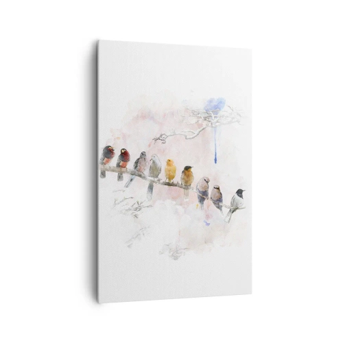 Impression sur toile - Image sur toile - Oiseaux colorés sur une branche dans un style aquarelle - 80x120cm - Rencontre ailée - Décoration murale moderne pour le salon et la chambre ARTTOR
