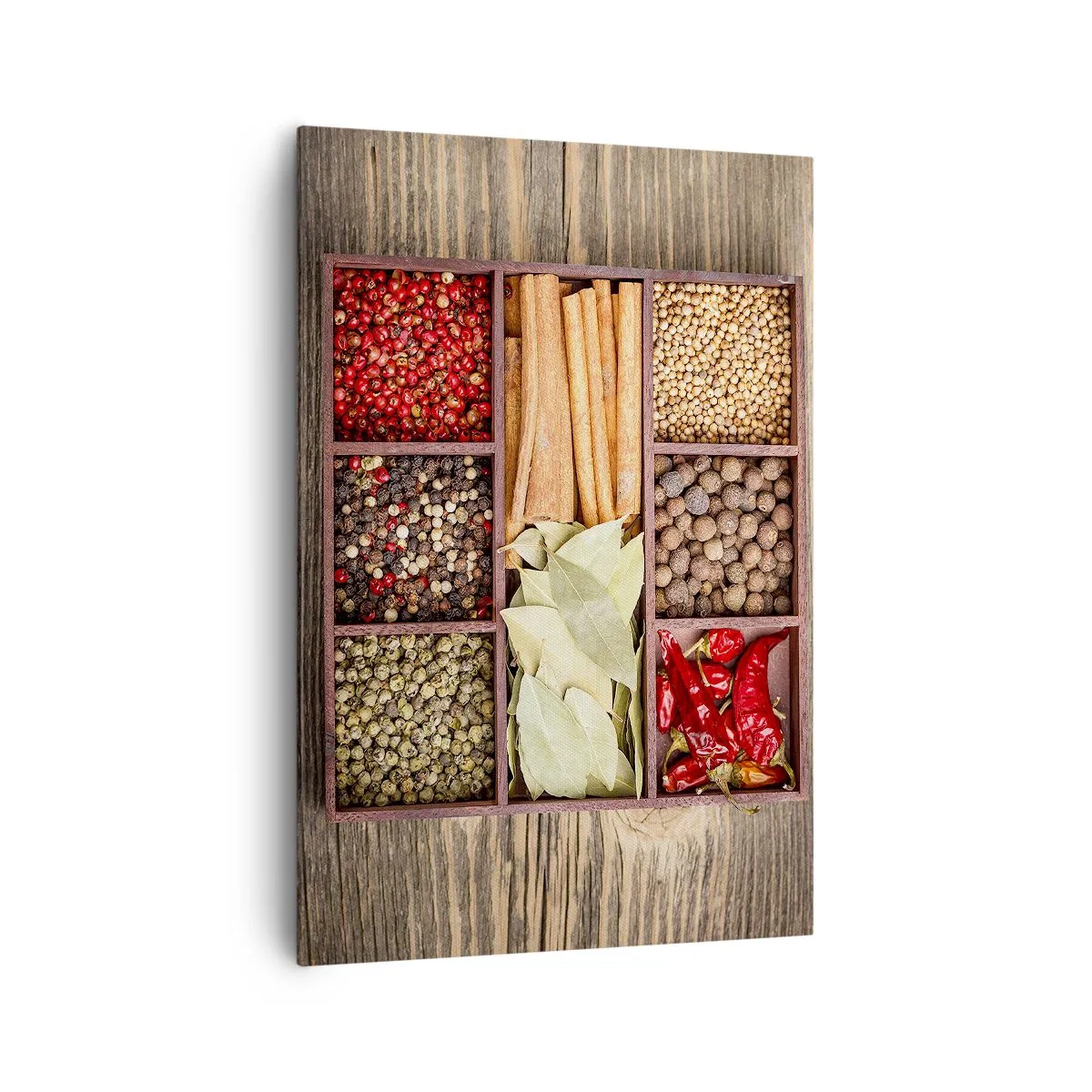 Impression sur toile - Image sur toile - Boîte en bois avec diverses épices dans des compartiments - 70x100cm - Ordre des formes, bouquet d'arômes - Décoration murale moderne pour le salon et la chambre ARTTOR