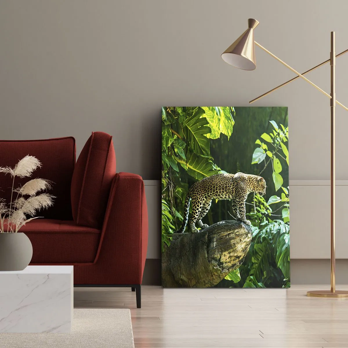 Impression sur toile - Image sur toile - Un léopard debout sur un rocher entouré de végétation tropicale - 80x120cm - À la chasse? - Décoration murale moderne pour le salon et la chambre ARTTOR