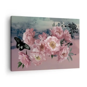 Impression sur toile - Image sur toile - Pivoines roses avec un papillon sur fond pastel - 70x50cm - Pic du romantisme - Décoration murale moderne pour le salon et la chambre ARTTOR