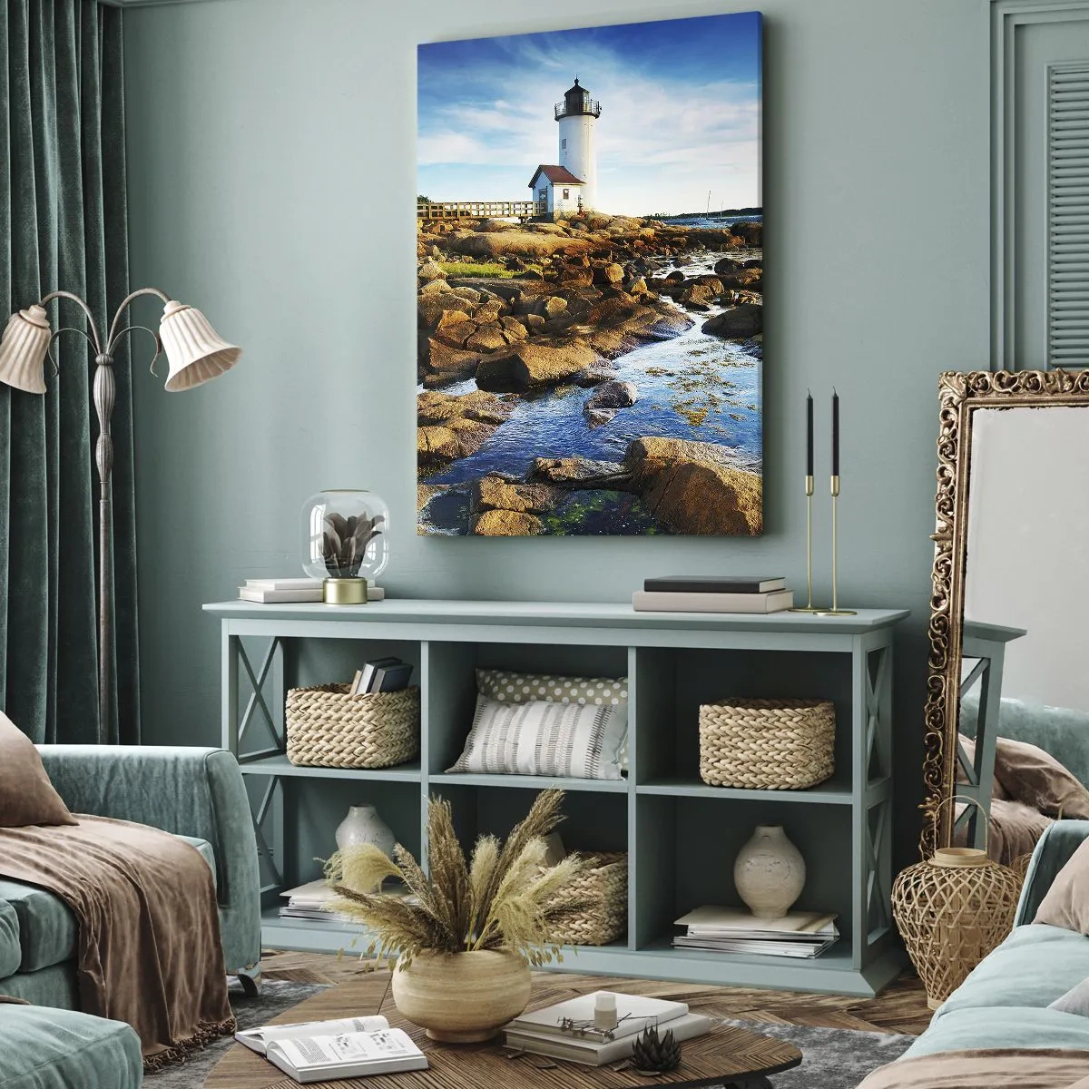 Impression sur toile - Image sur toile - Un phare sur une côte rocheuse par une journée ensoleillée - 50x70cm - Revenez heureux, j'attends - Décoration murale moderne pour le salon et la chambre ARTTOR