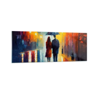 Impression sur verre - Image sur verre - Un couple sous un parapluie se promenant dans une ville nocturne colorée - 140x50cm - Ensemble – une nuit colorée - Décoration murale moderne pour le salon et la chambre ARTTOR